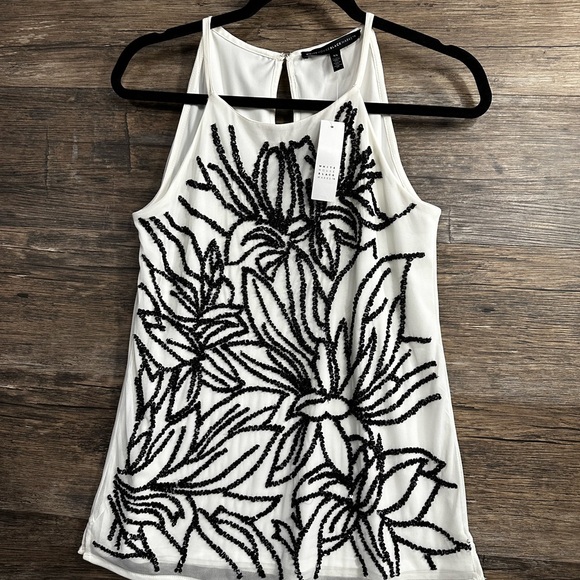White House Black Market Tops - White House Black Market White and Black Beaded Floral Tank Top